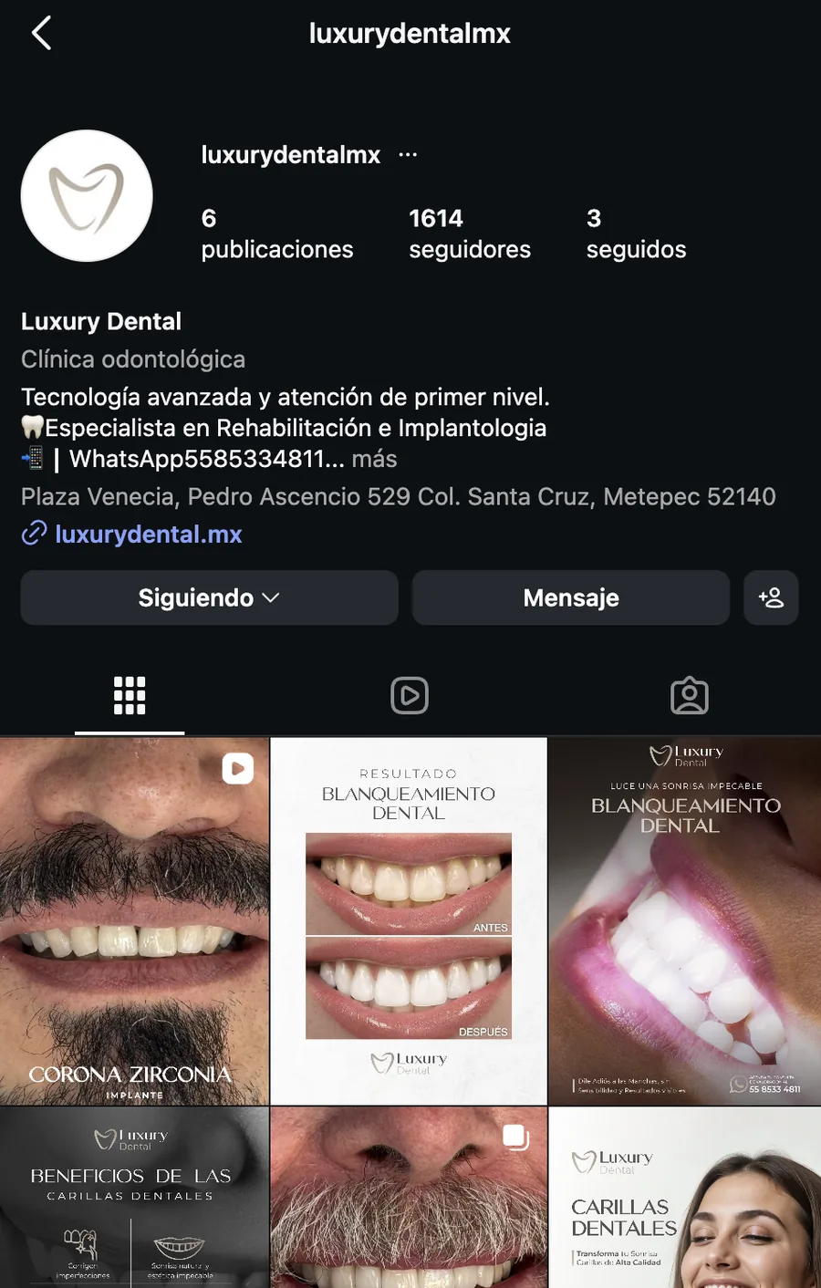 Perfil de Instagram de Luxury Dental, clínica odontológica